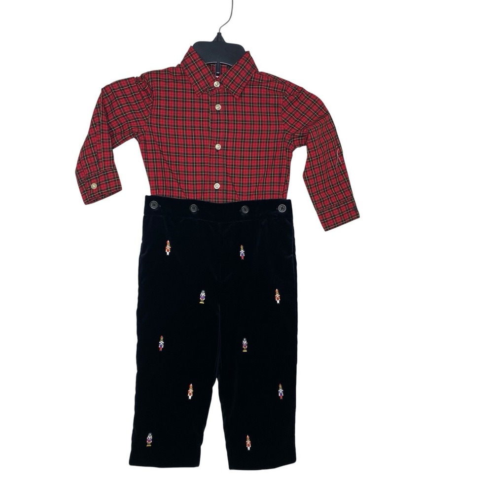 Ralph Lauren Baby Boy Plaid Shirt Nutcracker Embroidered Velvet Pants Set 12M